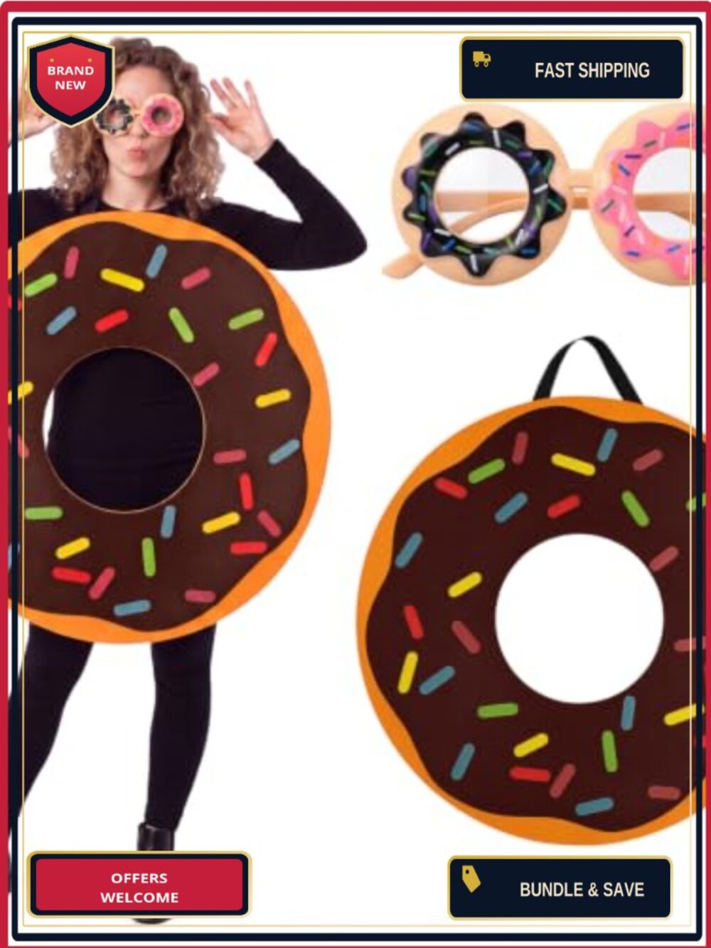 Adult Donut Costume Set 2 Pc Felt Halloween Cosplay with Glasses